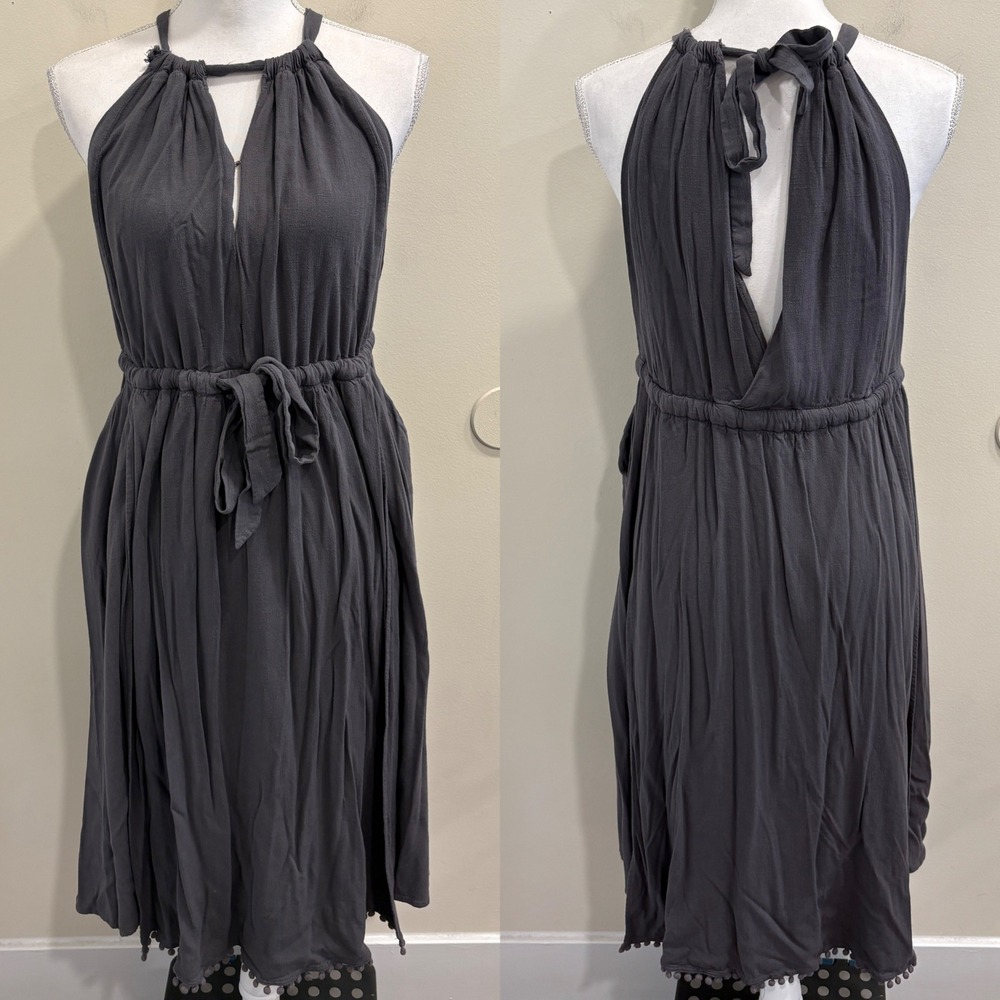 Free People Spring Love Midi Dress Carbon Gray Halter Open Back Pom Trim XS Boho - Picture 3 of 12